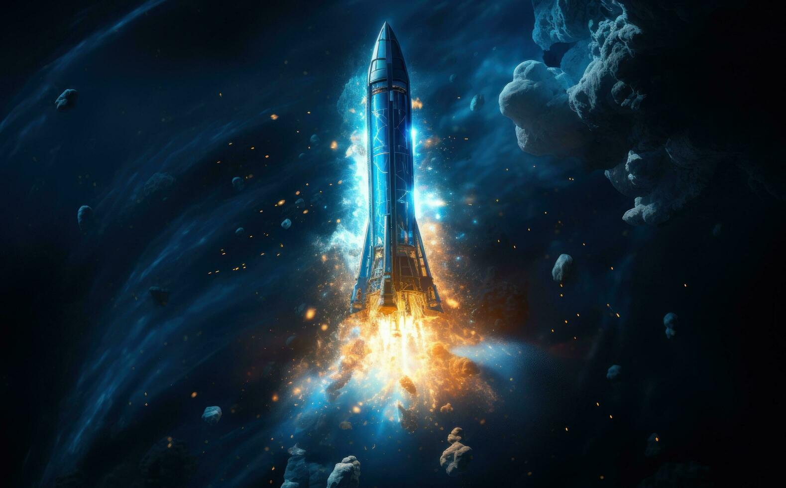 Blue rocket on a dark background photo