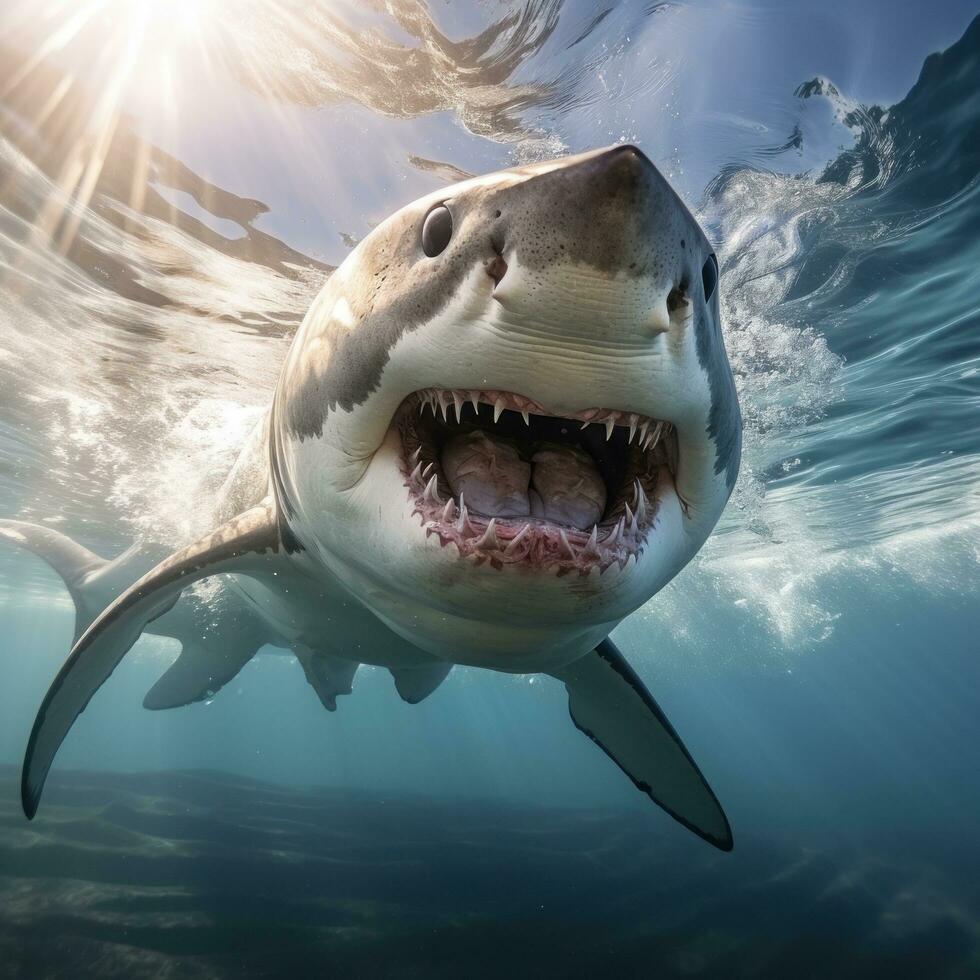 enojado tiburón en azul Oceano foto