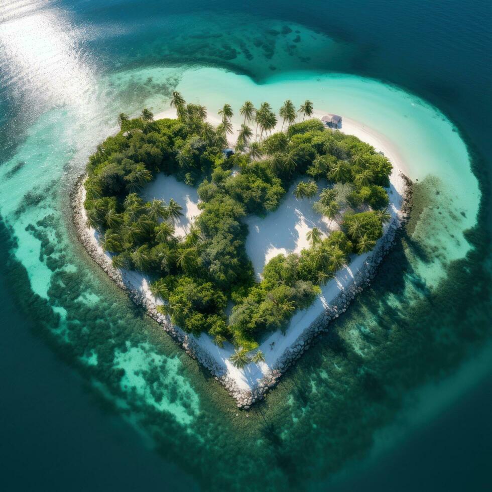 Heart-shaped island in the ocean aerial view photo