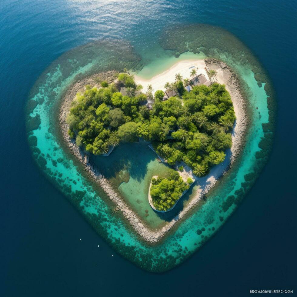 Heart-shaped island in the ocean aerial view photo