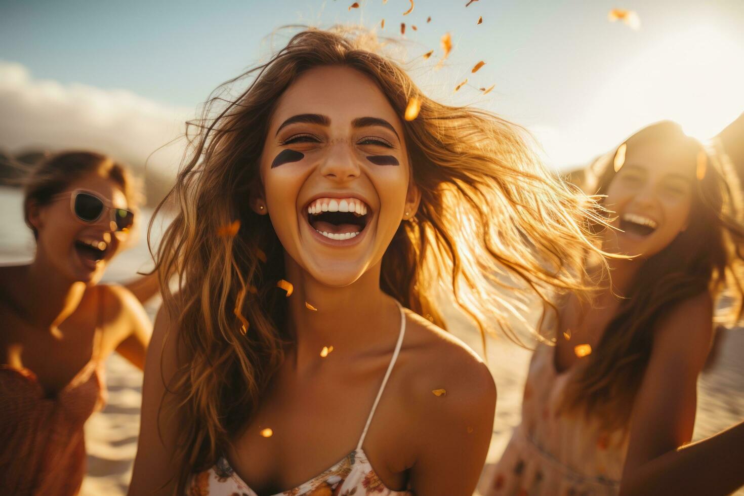 Joyful friends having fun at beach party photo