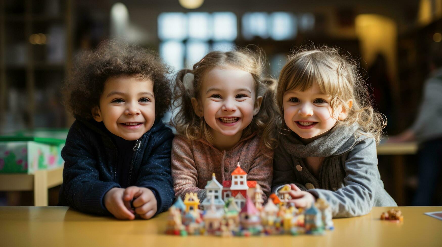 Excited children playing with toys in classroom photo
