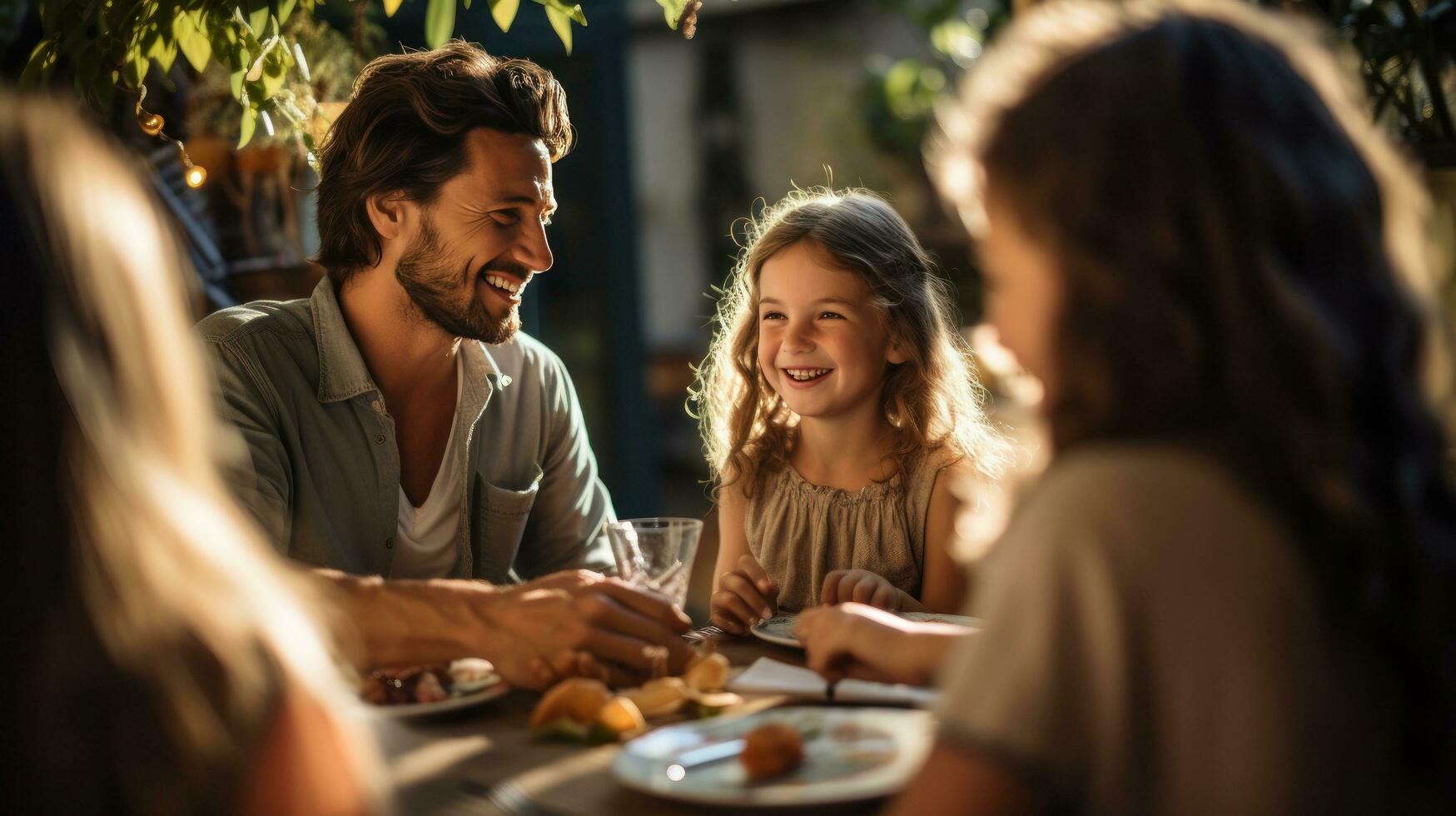 Family gathered around a table, smiling photo