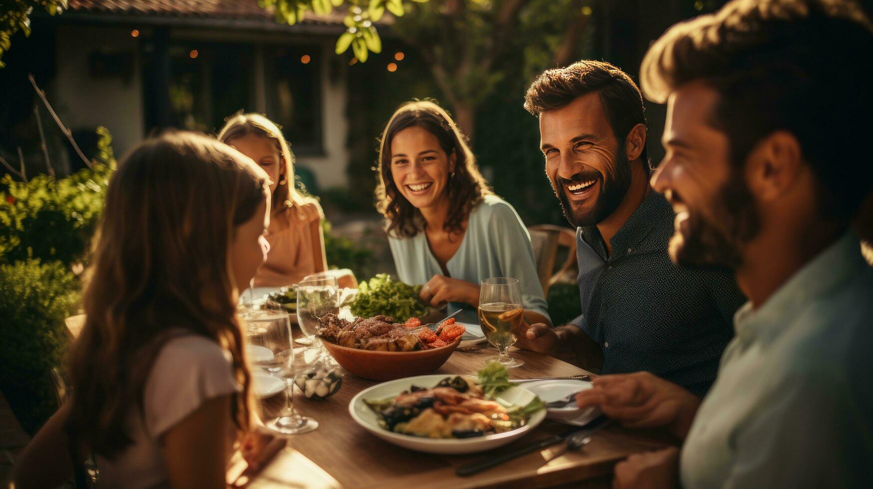 Family gathered around a table, smiling photo