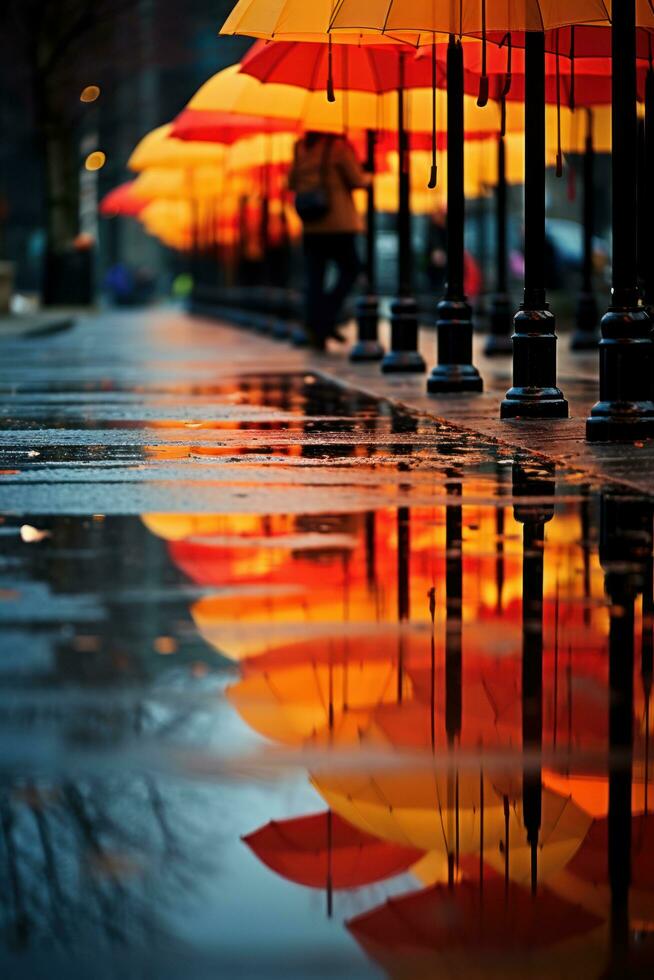 Rainy weather, colorful umbrellas, puddles, reflections photo