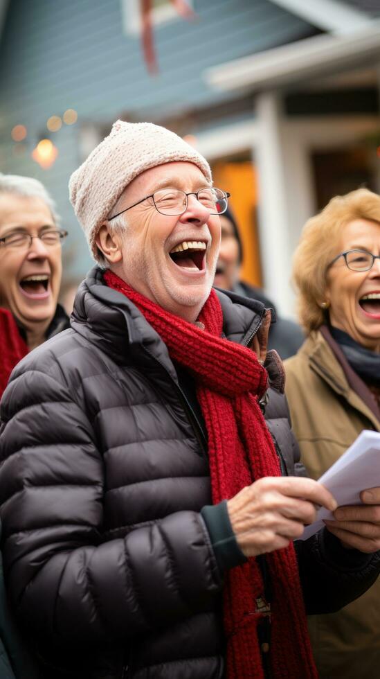 Cheerful group caroling in the neighborhood photo