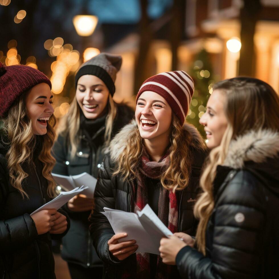Cheerful group caroling in the neighborhood photo
