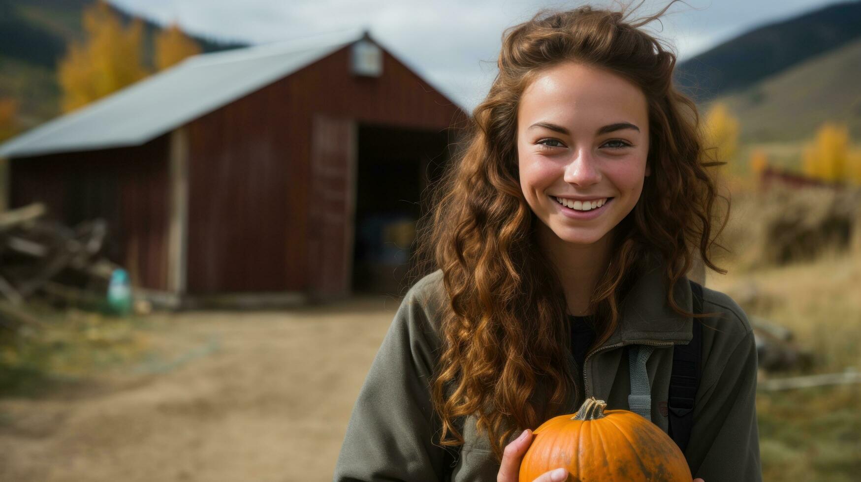 Woman holding pumpkin in front of barn photo