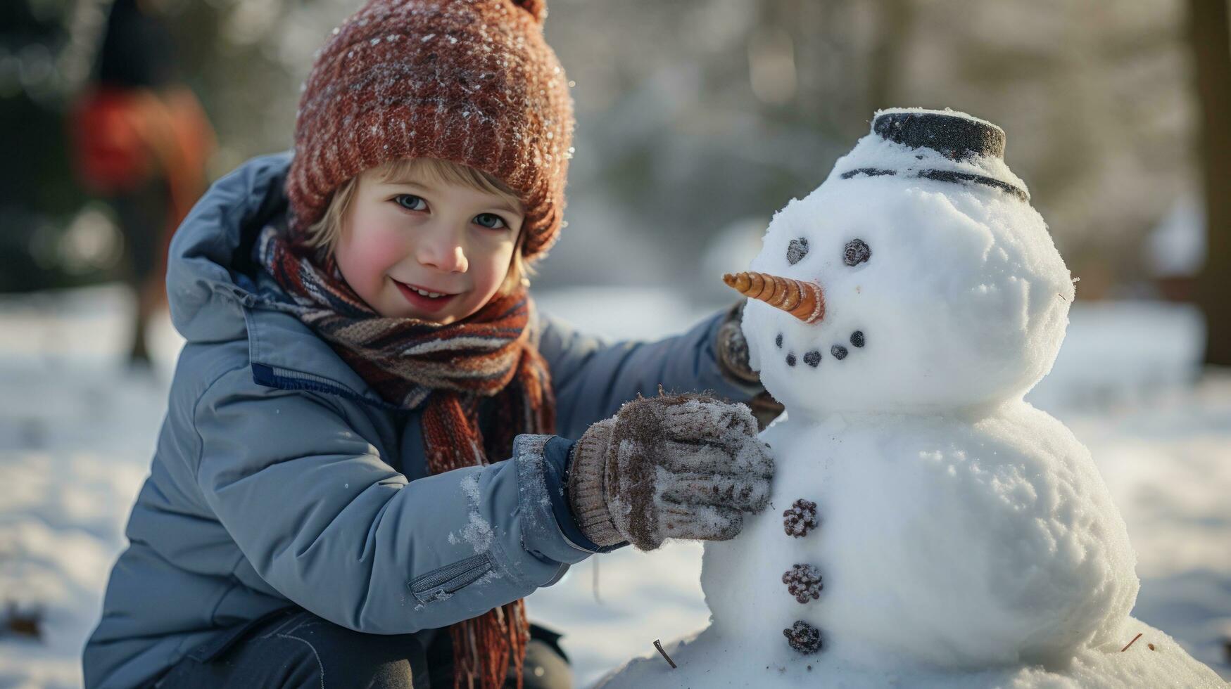 Father and son building snowman photo