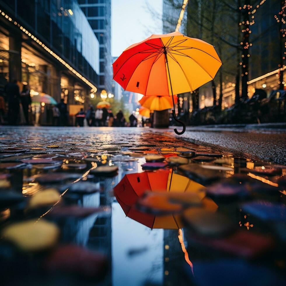 Rainy weather, colorful umbrellas, puddles, reflections photo
