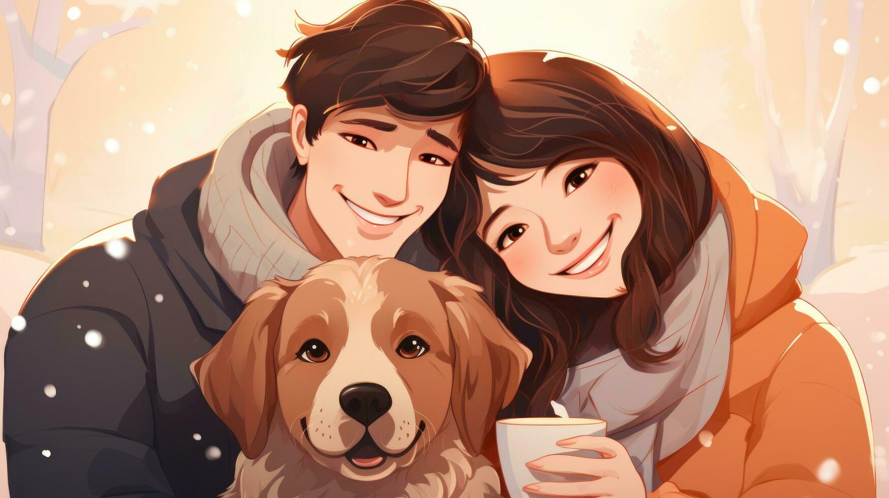 Happy family drinking hot chocolate in winter photo