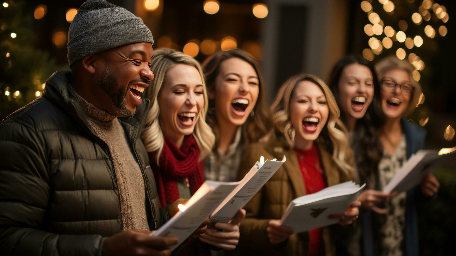 Cheerful group caroling in the neighborhood photo