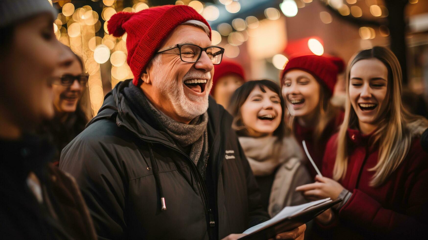 Cheerful group caroling in the neighborhood photo