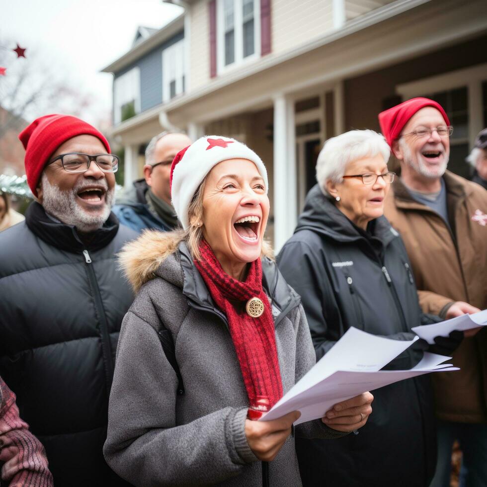 Cheerful group caroling in the neighborhood photo