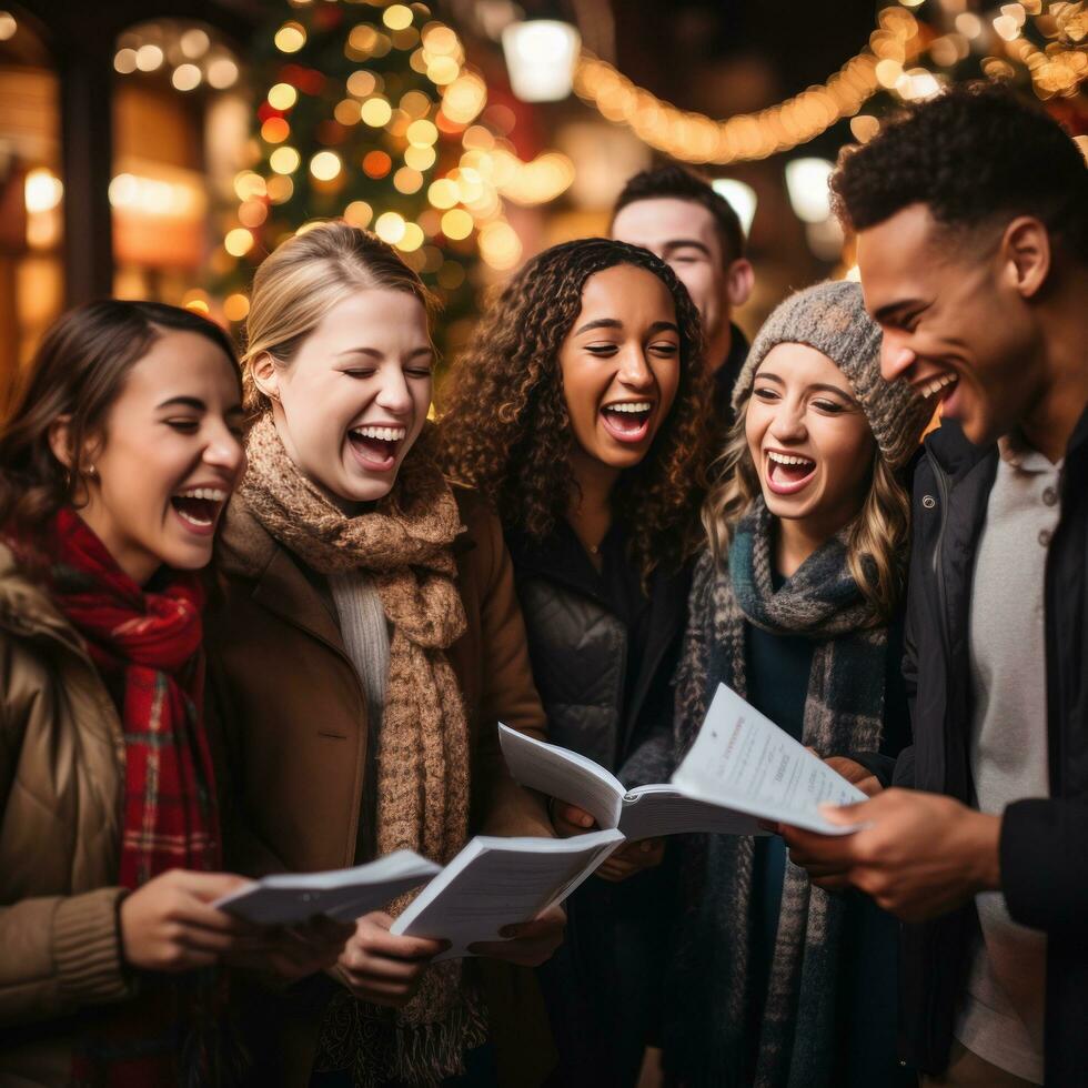 Cheerful group caroling in the neighborhood photo