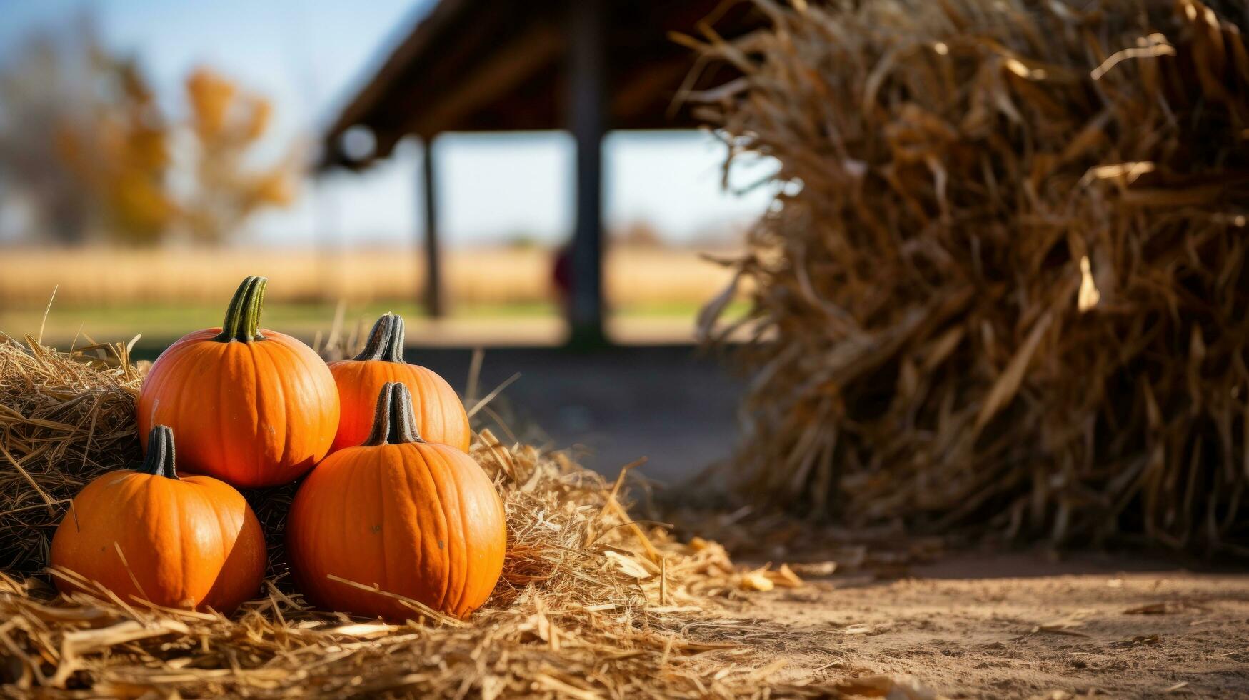 Pumpkins, leaves, hay bales, rustic farm scenery photo