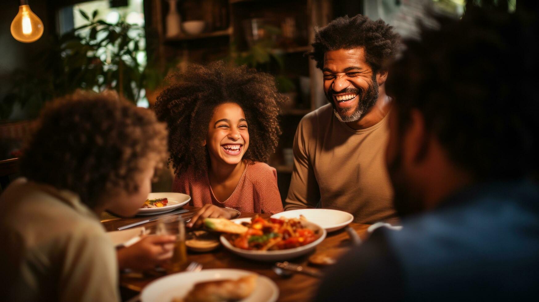 Family gathered around a table, smiling photo