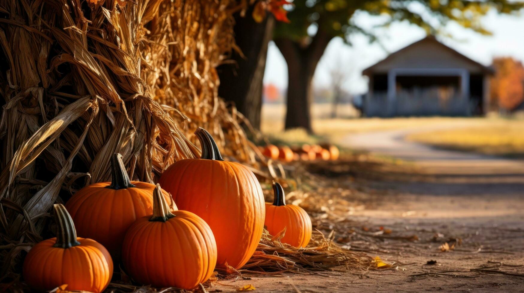Pumpkins, leaves, hay bales, rustic farm scenery photo