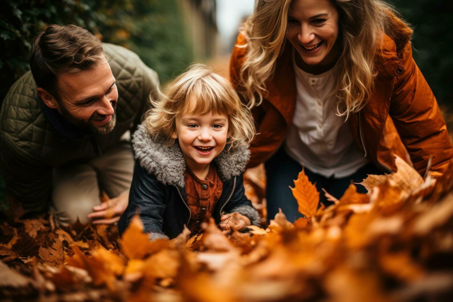 Family playing in leaves in backyard photo