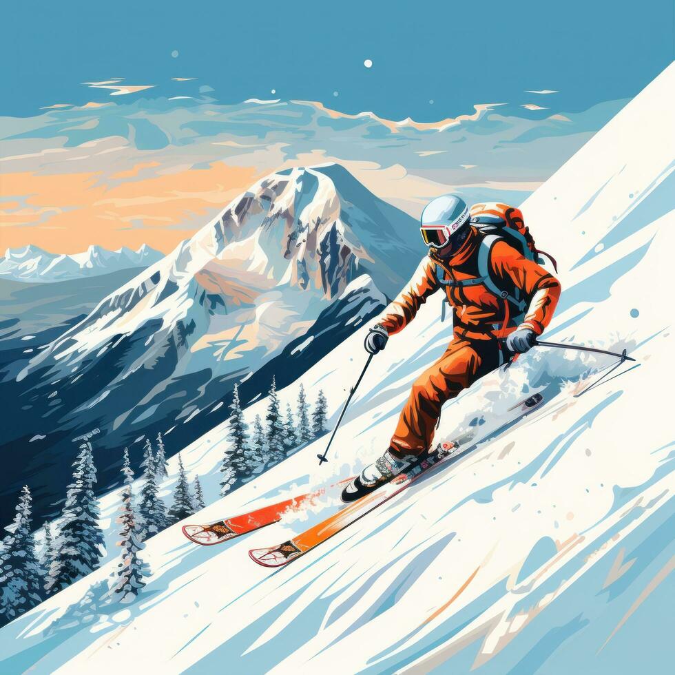 Man skiing down snowy mountain photo