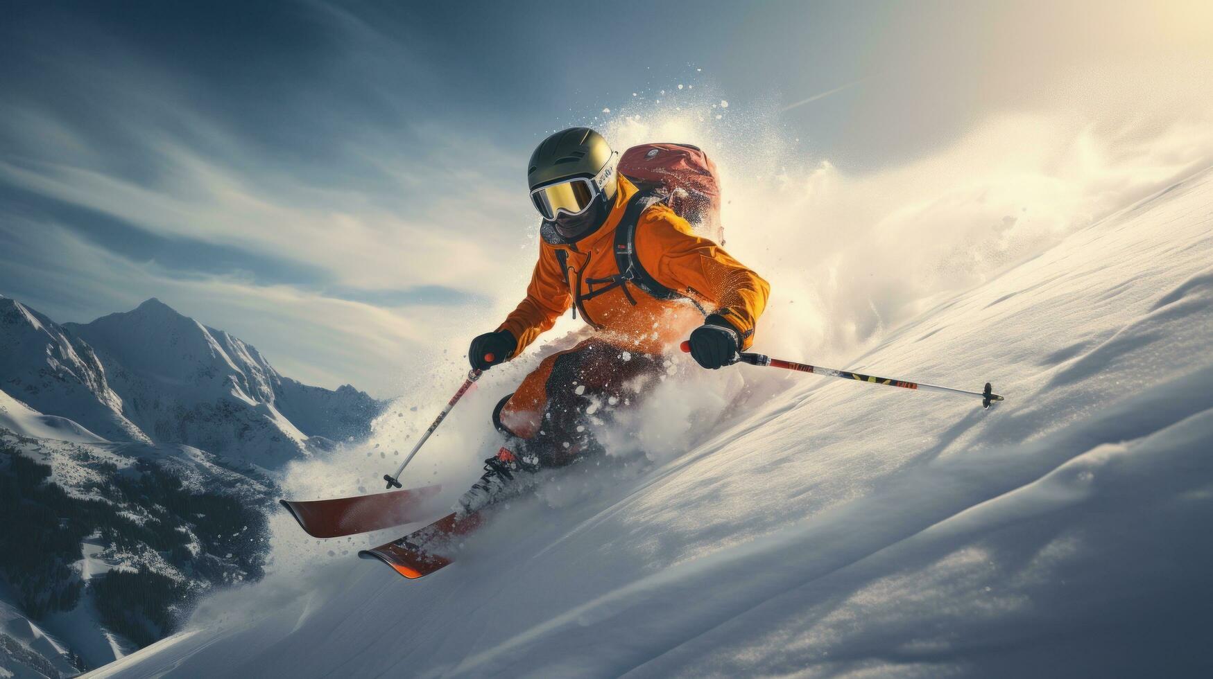 Man skiing down snowy mountain photo