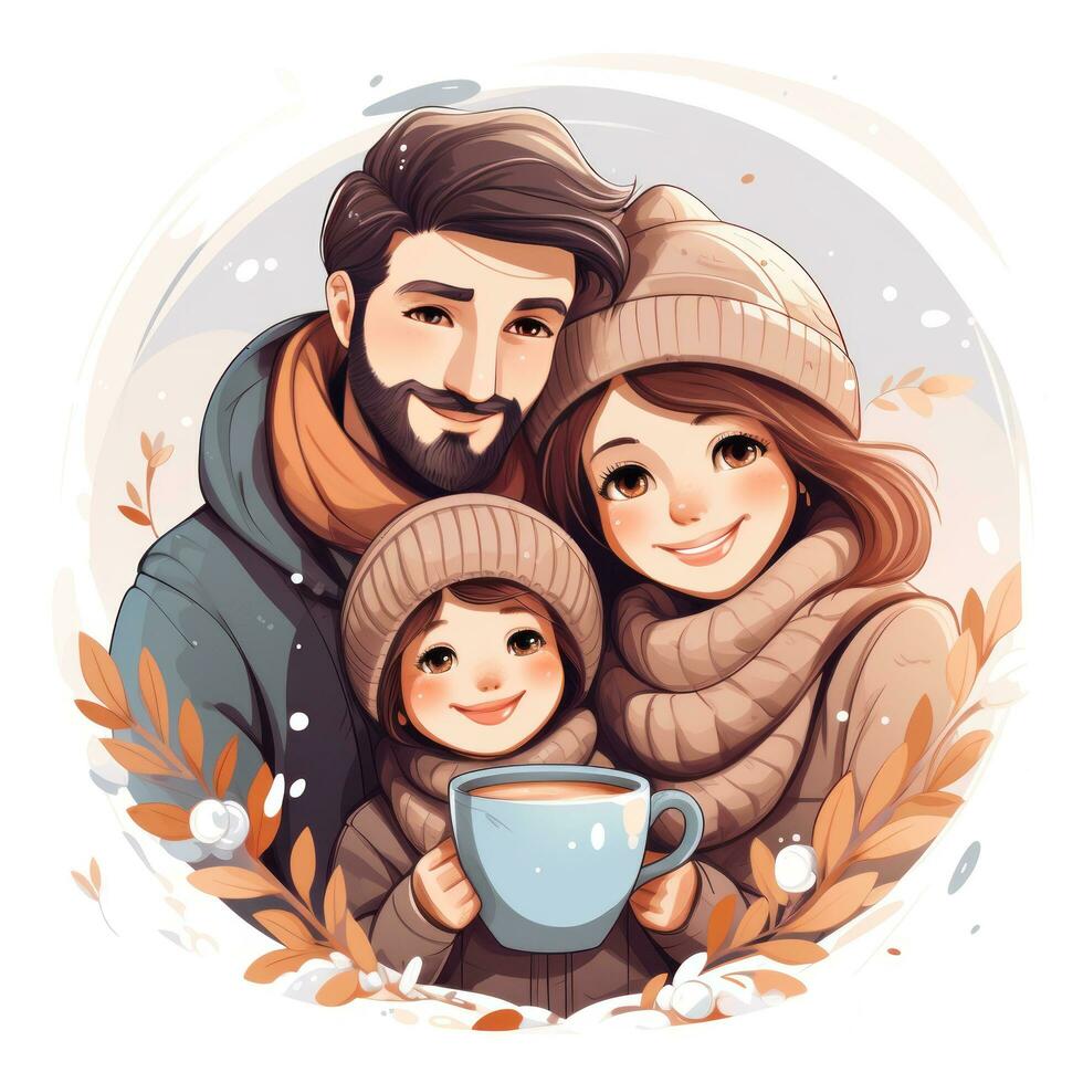 contento familia Bebiendo caliente chocolate en invierno foto