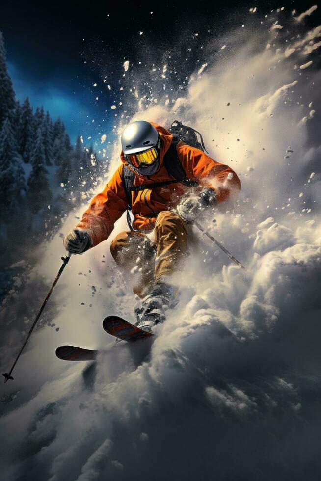 Man skiing down snowy mountain photo