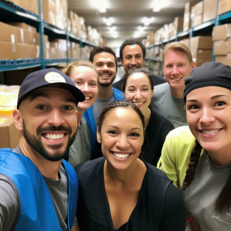 Group of people volunteering at a shelter photo