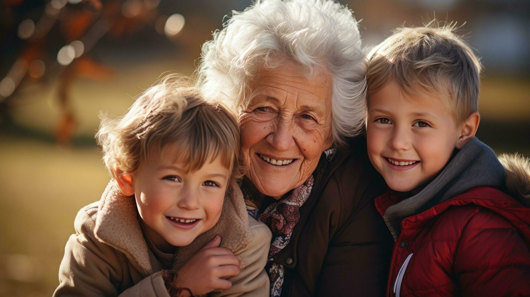 Grandparents hugging their grandchildren tightly photo