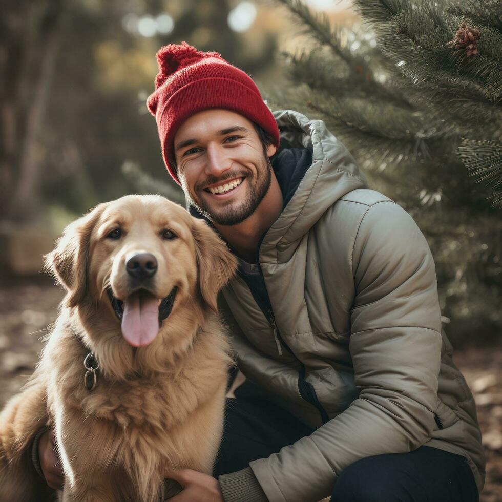 Happy dog posing in a Santa hat with his owner photo
