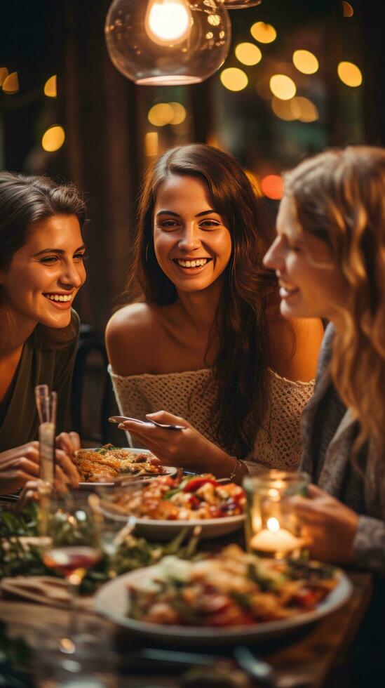 Happy friends enjoying a festive dinner together photo