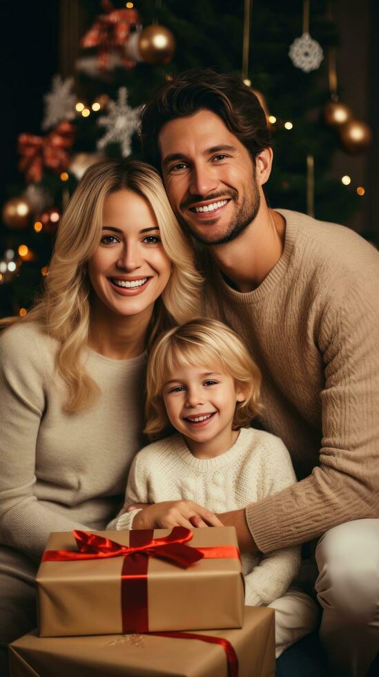 alegre familia con Navidad regalos y decoraciones foto