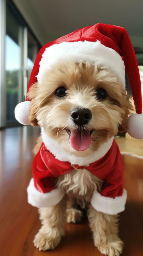 contento perro posando en un Papa Noel sombrero con su propietario foto