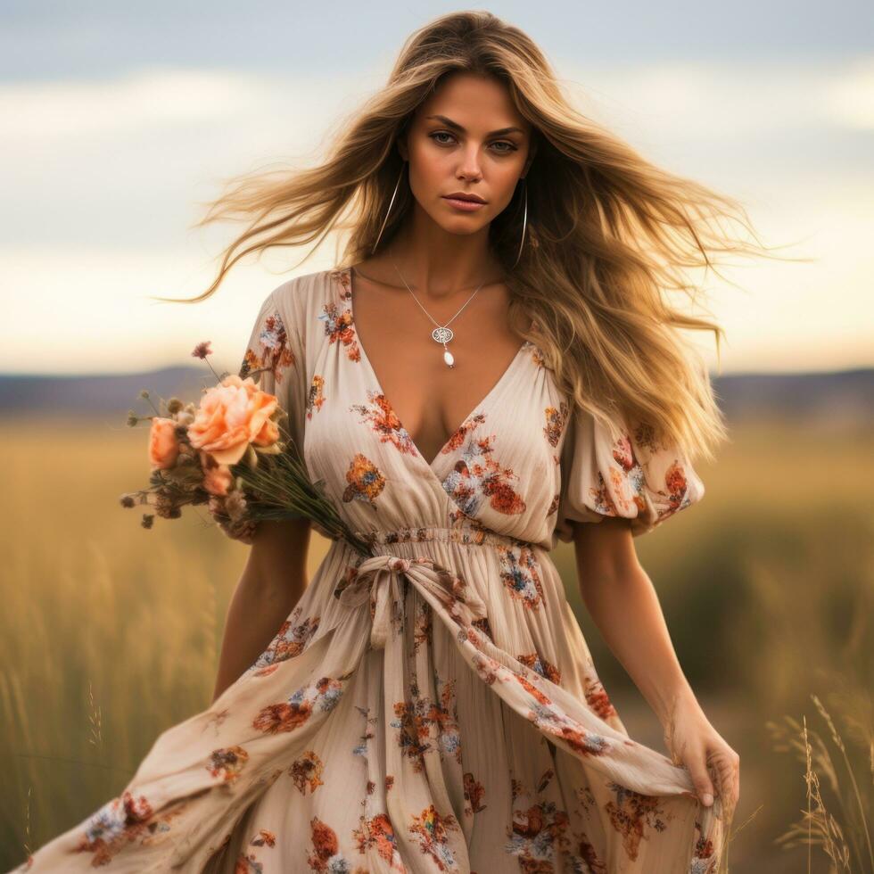mujer en bohemio maxi vestir con flores foto