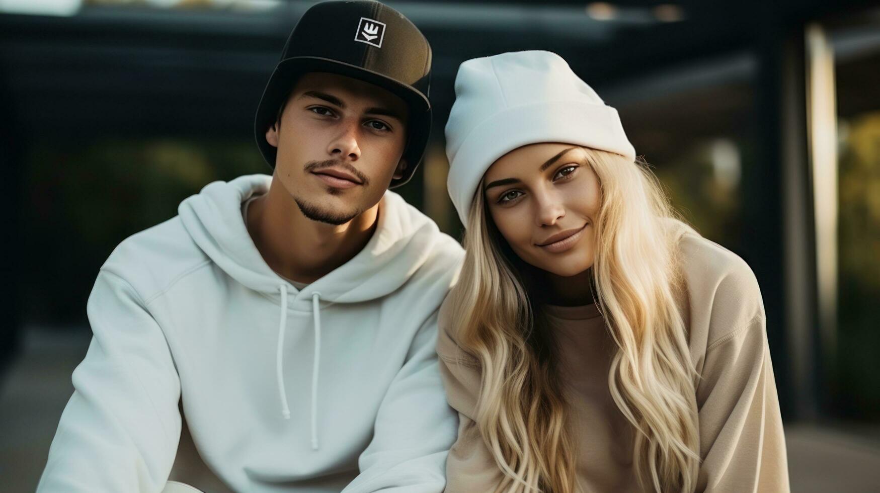 Young couple in trendy streetwear photo