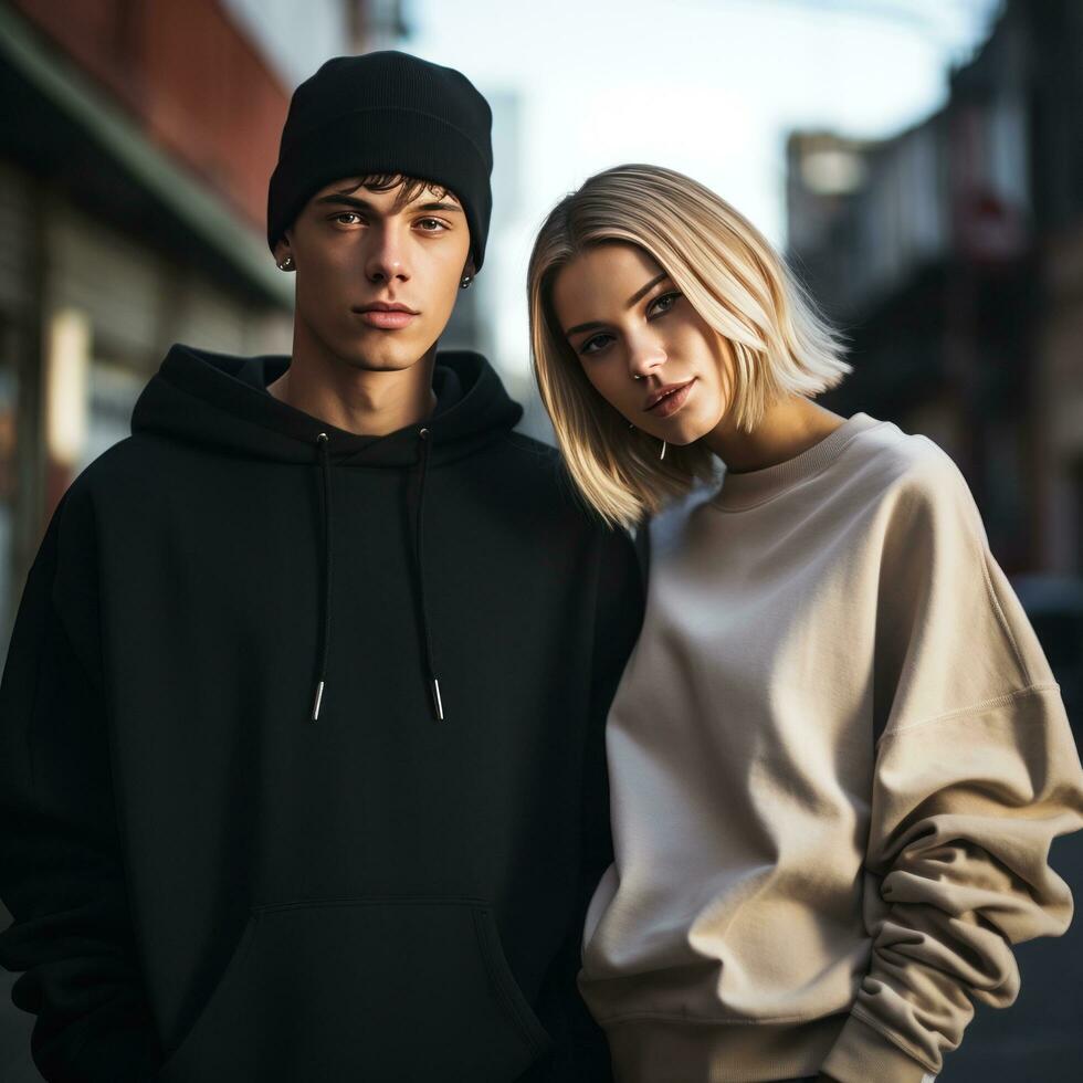 Young couple in trendy streetwear photo