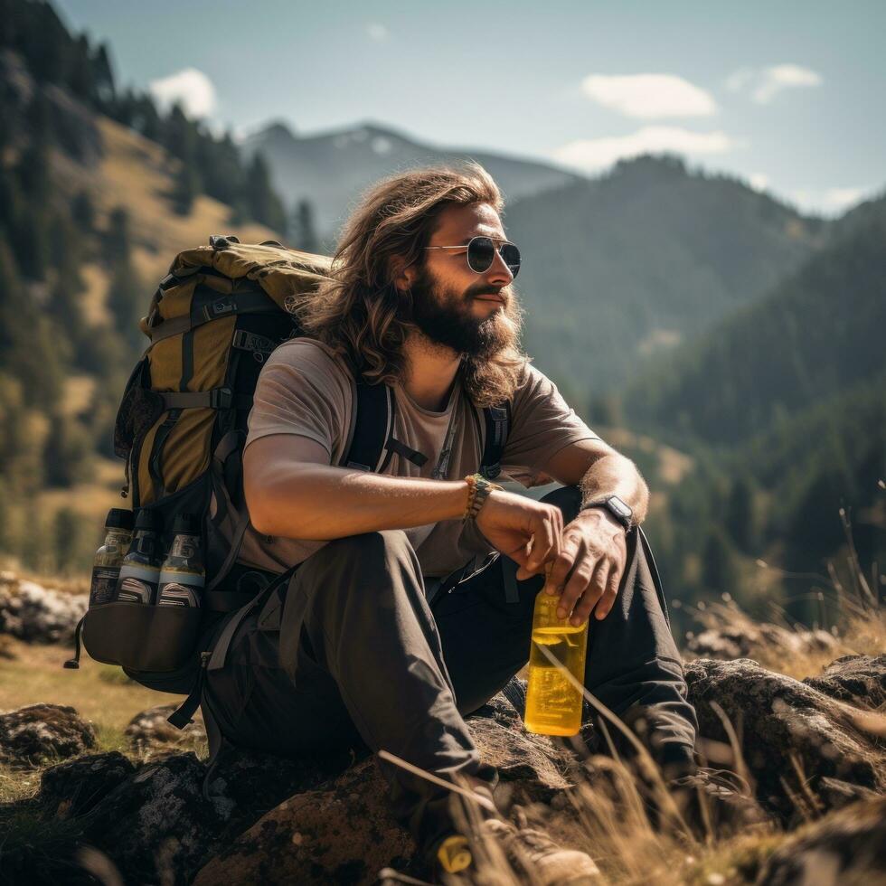 Backpacker taking a break on mountain trail photo