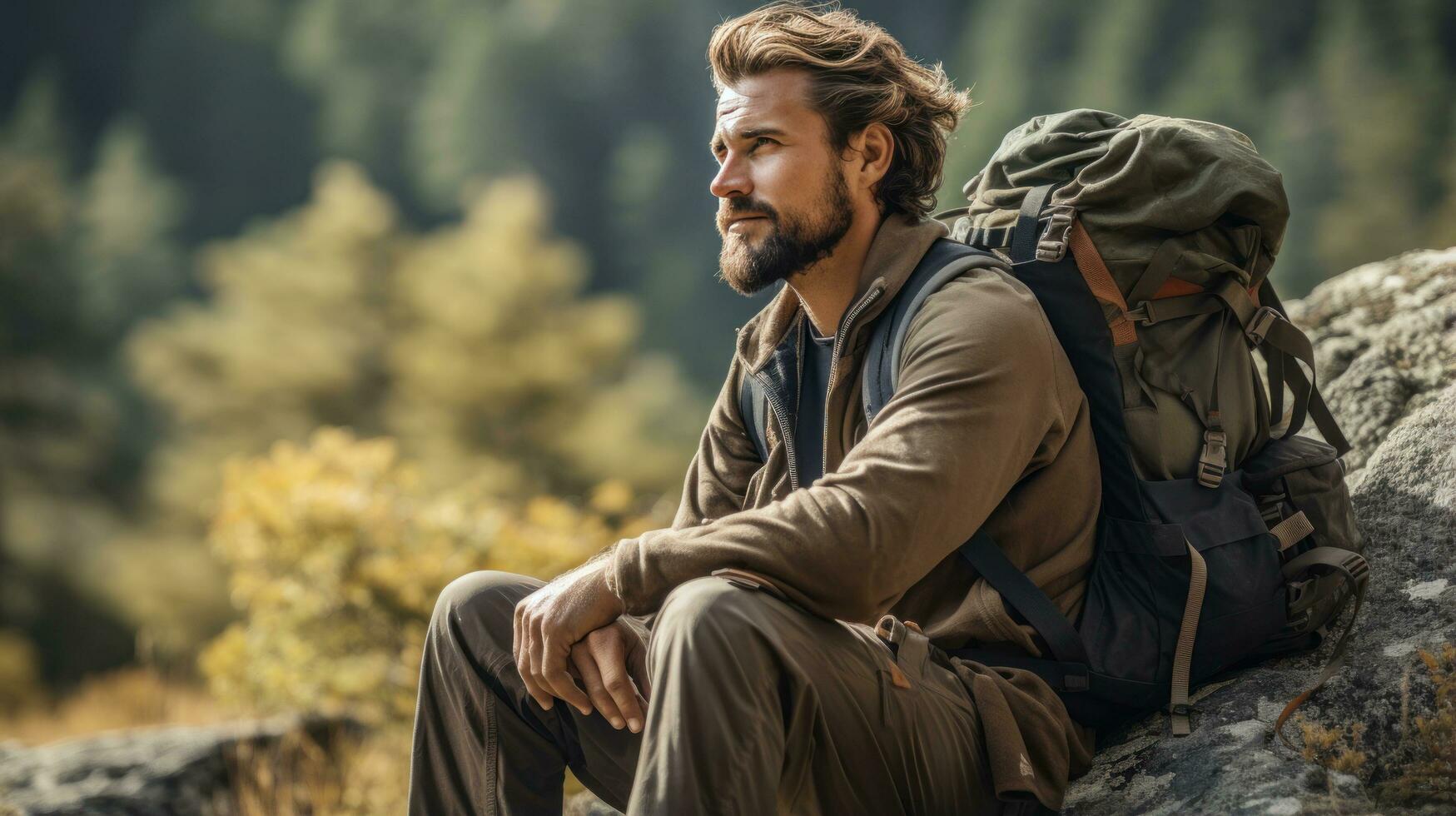Backpacker taking a break on mountain trail photo