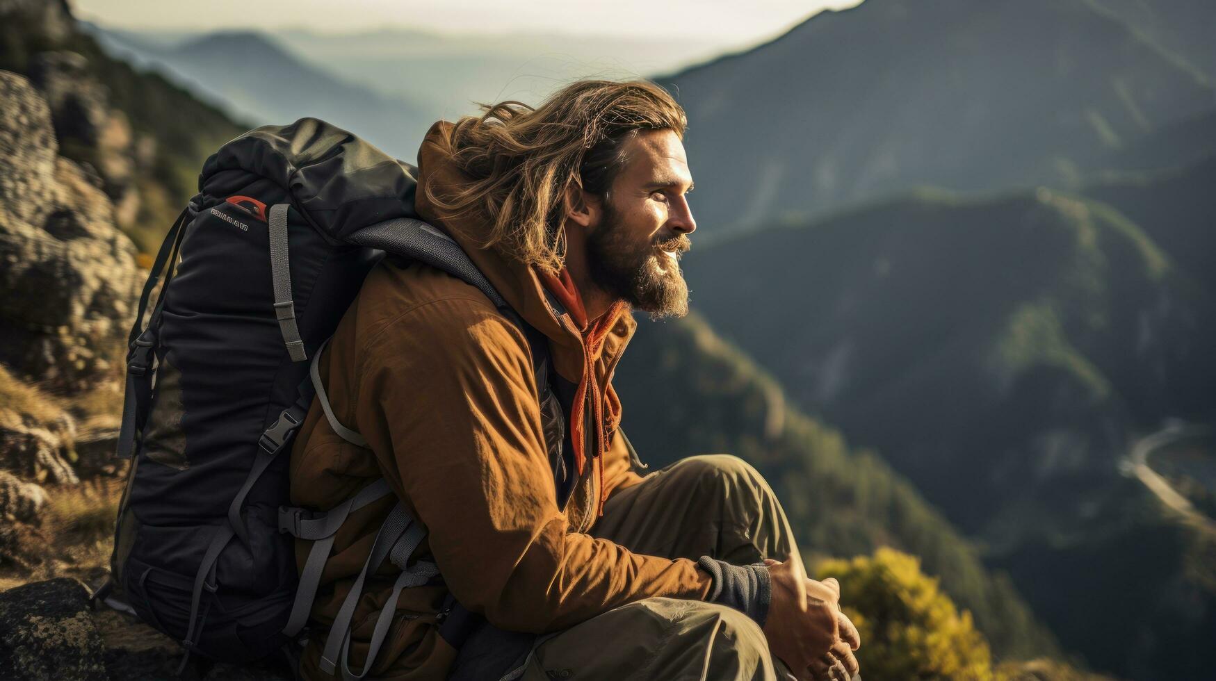 Backpacker taking a break on mountain trail photo