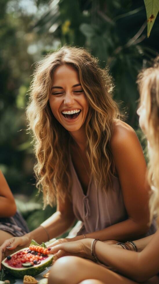 Friends laughing and enjoying outdoor picnic photo