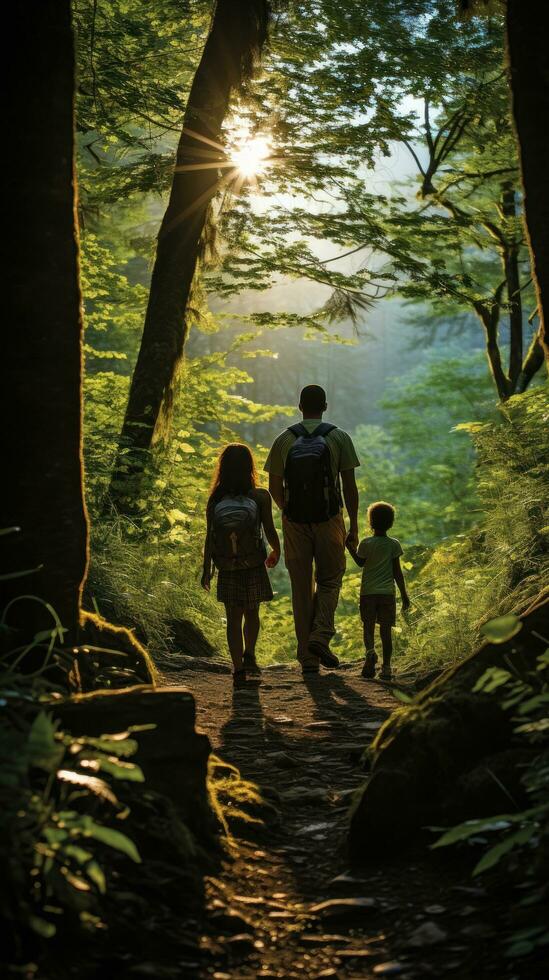 Family hiking through lush forest photo