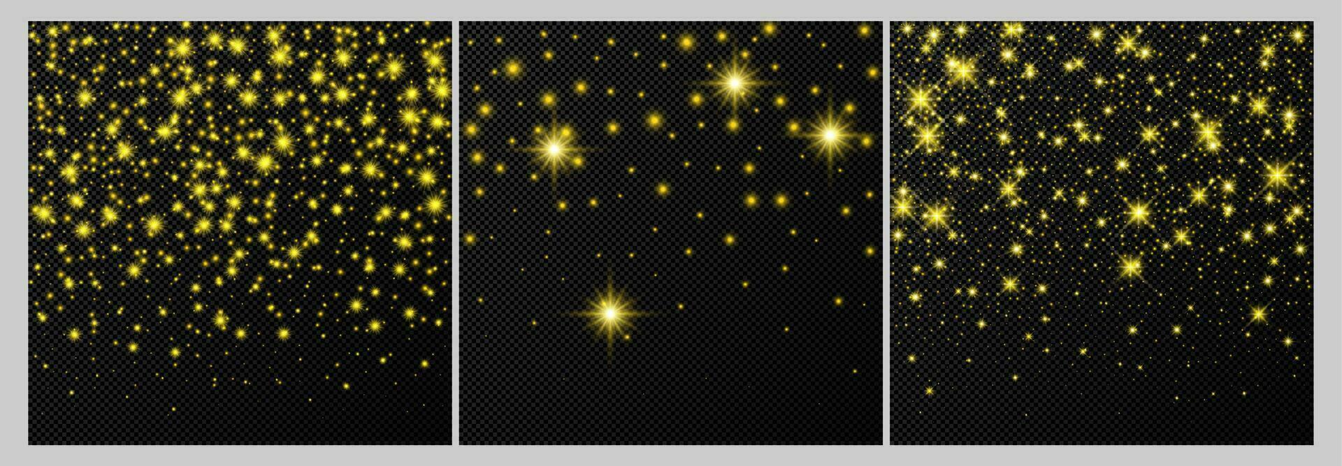 conjunto de Tres oro telones de fondo con estrellas y polvo destellos aislado en oscuro antecedentes. celebración mágico Navidad brillante ligero efecto. vector ilustración.