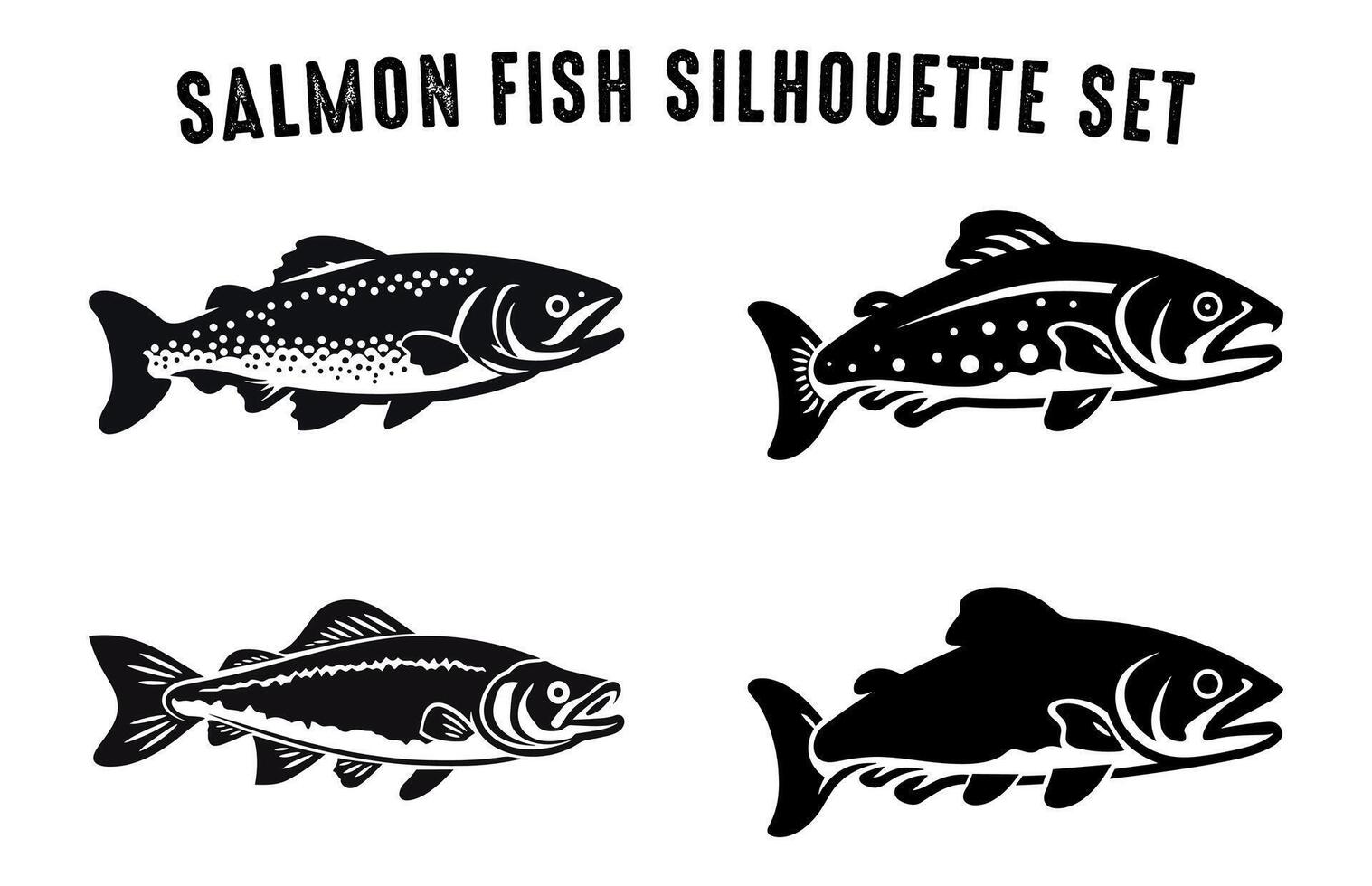 Set of Salmon fish Silhouette vector illustration, Black Silhouettes of Fish Bundle