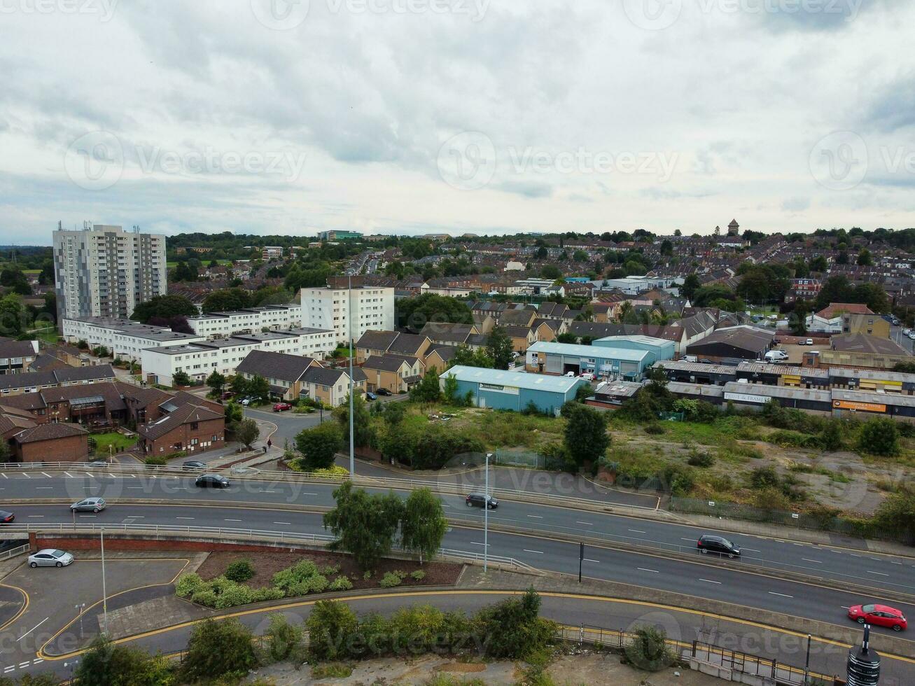 High Angle View of South East Downtown and Central Luton City and Commercial District During Sunset. The Image Was Captured With Drone's Camera on September 1st, 2023 photo