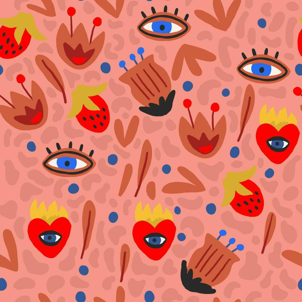 Funky heart with flame and one eye, Valentine's day seamless pattern - flat vector illustration on white background. Quirky love pattern. Hand drawn funny heart drawing.