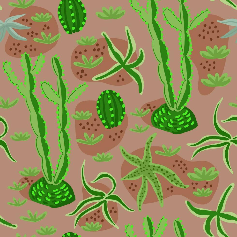 linda mano dibujado vistoso cactus y suculentas sin costura modelo. postre textil fondo, ropa modelo vector