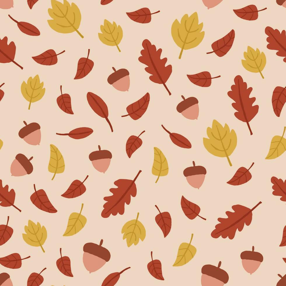 Vector seamless pattern with acorns, autumn leaves on beige background. Autumn nature pattern