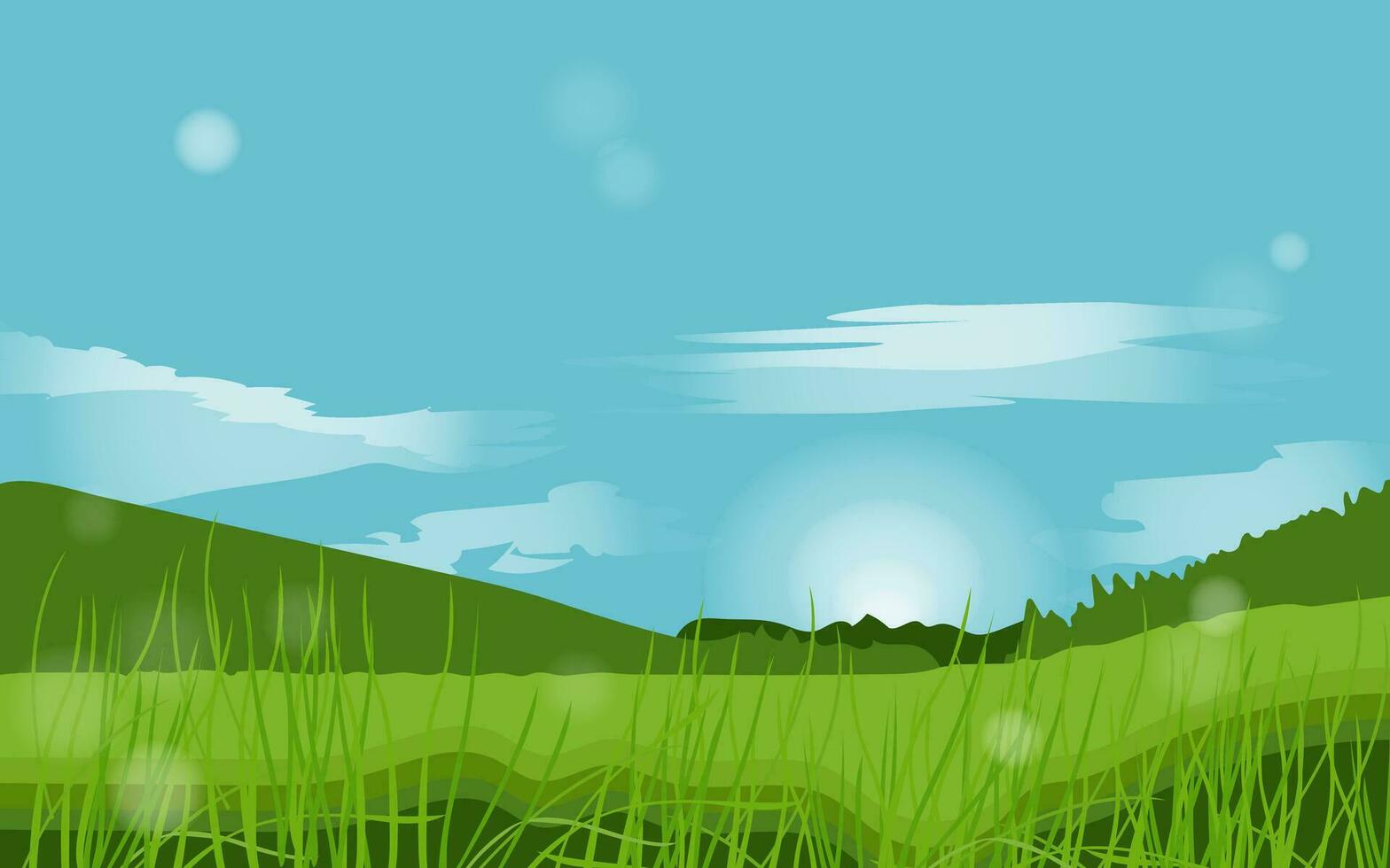 Summer meadow field.Nature landscape for wallpapers or panorama view on meadow, grassland or glade horizon scene with sky and sun, grass and trees, clouds. Vector illustration