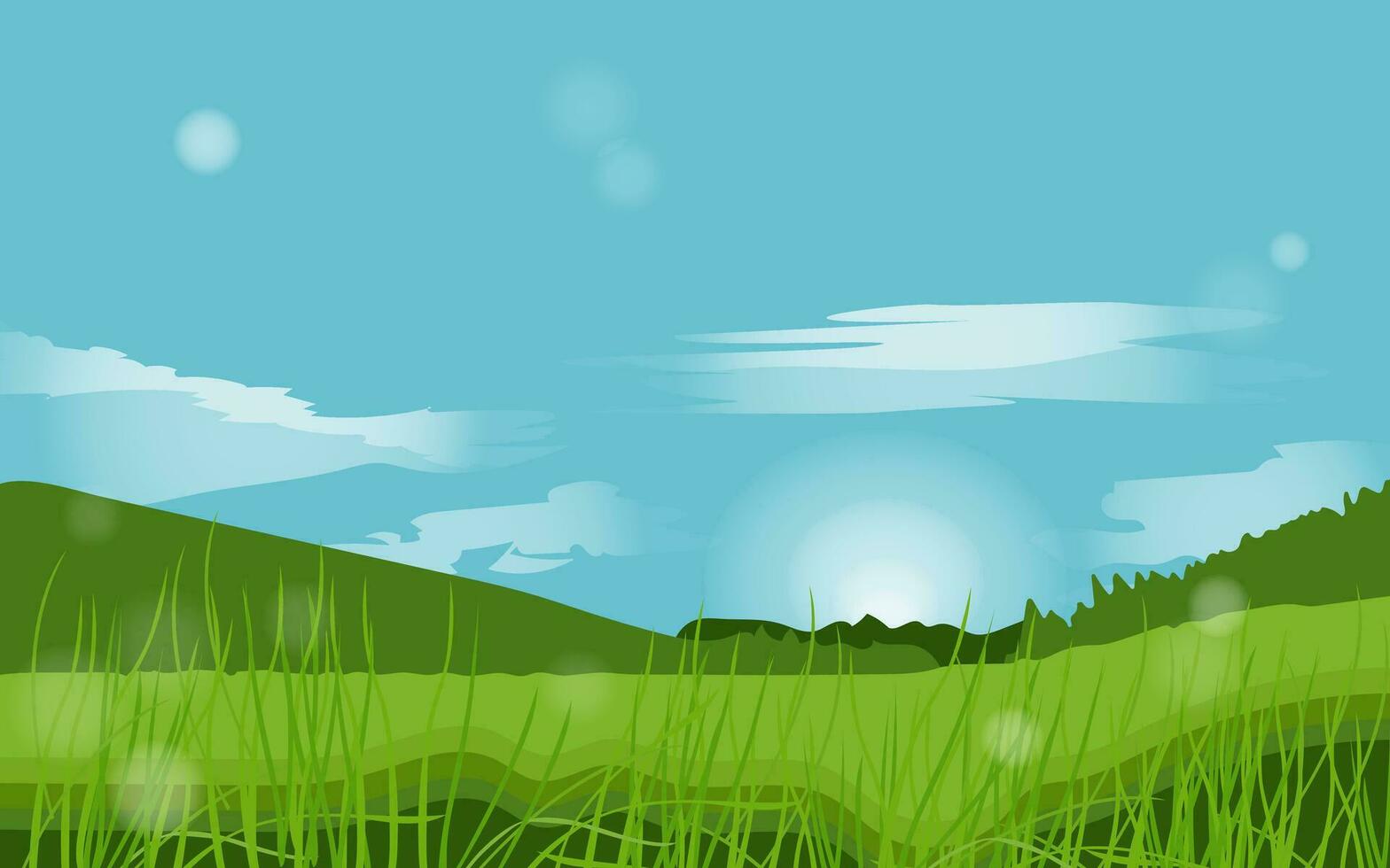 Summer meadow field.Nature landscape for wallpapers or panorama view on meadow, grassland or glade horizon scene with sky and sun, grass and trees, clouds. Vector illustration