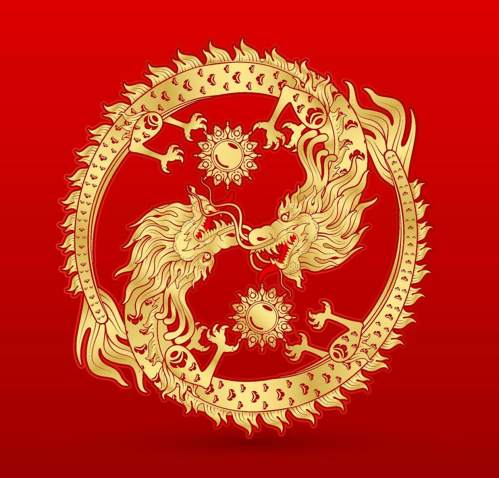 Traditional chinese Dragon gold zodiac sign yin yang isolated on red background for card design print media or festival. China lunar calendar animal happy new year. Vector Illustration.